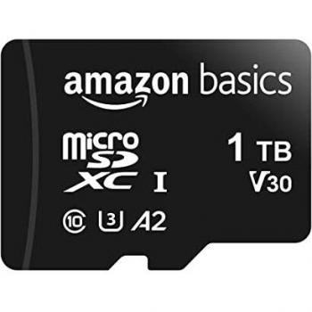 Amazon Basics - Tarjeta de memoria microSDXC 1 TB con adaptador de tamaño completo, A2, U3, velocidad de lectura hasta 100 MB/s