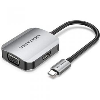 Conversor Vention USB-C a HDMI y VGA 0.15M Aluminio Gris