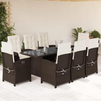 9-Piece Brown Poly Rattan Garden Dining Set with Cushions