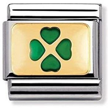 Charm Composable Cuatrifolio Verde de Acero y Oro con Esmalte