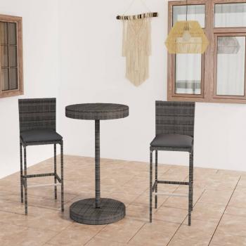 3-Piece Grey Synthetic Rattan Garden Bar Set with Cushions