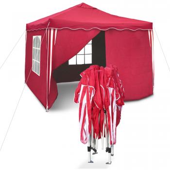 pabellón de jardín Sylt II, plegable, 3 x 3m, techo rojo, con paredes laterales, rojo/blanco, 2 x vantanas / 1x carrable / 1x completamente cerrada, material Oxford 200D, 4 piezas, hidrófugas