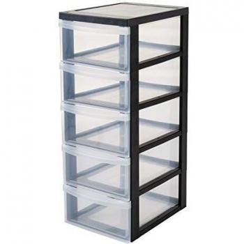 Unidad de almacenamiento de plástico con ruedas y 5 cajones profundos, Negro, multiusos, para A4 y A5