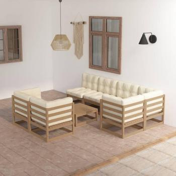 Conjunto de muebles de jardín de 8 piezas con cojines de madera de pino maciza