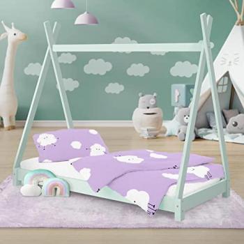 Cama Infantil Tipi Indio 80x160 cm con Somier de Madera de Pino Maciza Color Menta