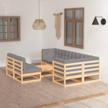 8-Piece Solid Pine Garden Lounge Set with Cushions