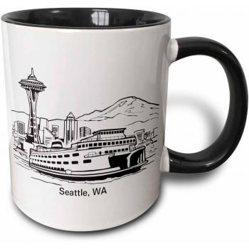 Mensuk Seattle, WA Ferry and Space Needle - Two Tone Black Mug, 11oz