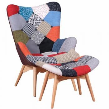 Nest Dream - Sillón clásico con reposapiés tapizado en patchwork - Relleno de Espuma de Alta Densidad - Estructura de Madera Maciza de Fresno - Multicolor