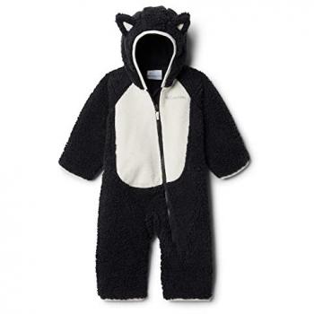 Columbia Mono Foxy Sherpa Bunting Negro Unisex para bebés, material de sherpa suave y cálido, diseño con cierre frontal completo, capucha con orejas de zorro, puños elásticos en las mangas y piernas para mayor