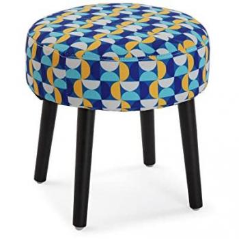 Taburete redondo bajo Reposapiés Versa Klee para Salón o Dormitorio, Medidas (Al x L x An) 35 x 35 x 35 cm, Algodón y Madera, Color Azul, Amar