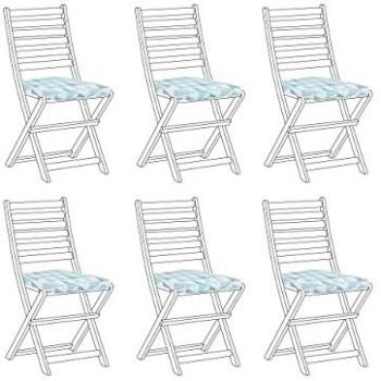 Set de 6 cojines para sillas de exterior azul y blanco con patrón geométrico, atados con cuerda y cierre de cremallera, resistente a UV