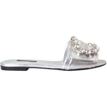Dolce & Gabbana Silver Crystal Leather Flat Sandals