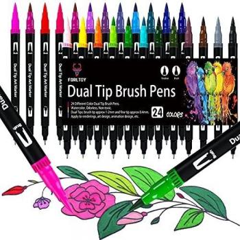 Rotuladores Lettering 24 Colores Rotulador Doble Punta Pincel y Punta Fina Acuarelables Brush Pen Marcadores para Niños Lettering Arte Dibujo Caligrafía Libros para Colorear