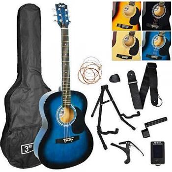 3rd Avenue Pack de guitarra acústica de tamaño estándar 4/4 para principiantes de 3rd Avenue, funda de transporte, púas, cuerdas de repuesto, soporte, correa, afinador y cejilla – Azul