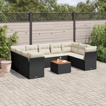 10-Piece Black Poly Rattan Garden Sofa Set with Cushions