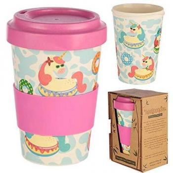 Taza de viaje reutilizable de bambú respetuosa con el medio ambiente, 400 ml, diseño de unicornio rosa