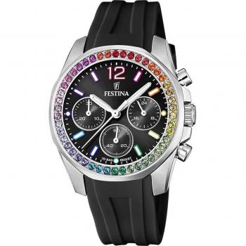 Festina Rainbow F20610/3 Reloj Analógico para Mujer con Caja de Acero Inoxidable 316L Gris Plata, Esfera Negra y Correa de Caucho Negro