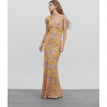 Silbon - Vestido largo lencero estampado amarillos con escote pico para Mujer