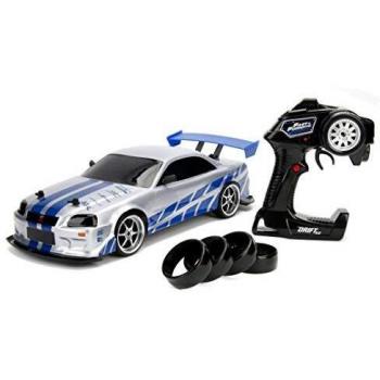 Jada Toys Fast & Furious RC Nissan Skyline GTR R34 - Coche teledirigido con Mando a Distancia, tracción a Las 4 Ruedas, función de Carga USB, Escala 1:10, Color Azul y Plateado