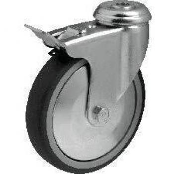 Colson® Polypropylene wheel with grey rubber tyre. Swivel bearing with double ball race and brake with zincplated threadguards with plain bearing. Diameter 125 mm.