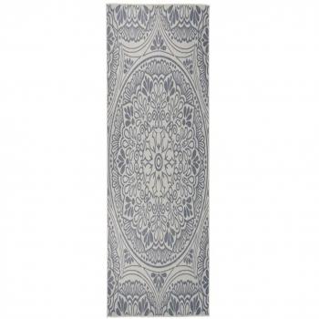 Alfombra de exterior de tejido plano 80x250 cm en colores Gris, Marrón y Azul, diseño de rayas azules