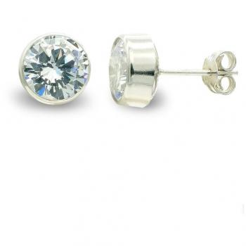 Pendientes de Oro Blanco 9k para Mujer con Chatón de Circonita, 7mm, Centro de Presión