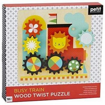 Petit Collage- Puzzle Twist, Color Rompecabezas de Madera con diseño de Trenes ocupados
