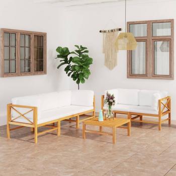 Set de muebles de jardín 6 piezas madera de teca y cojines crema