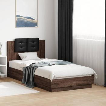 Cama con cabecero y luces LED en color roble marrón, dimensiones 90x190 cm