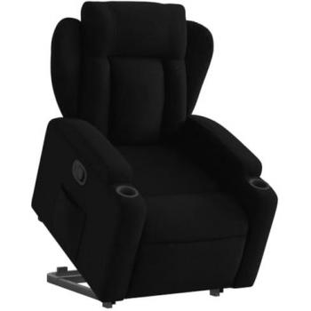 Sillón Reclinable Elevable de Tela Negro con Respaldo y Reposabrazos, Asiento Ajustable para Ancianos, Sillón de Relax y Descanso