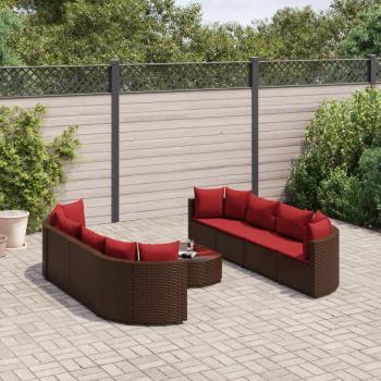 9-Piece Brown Poly Rattan Garden Sofa Set with Cushions