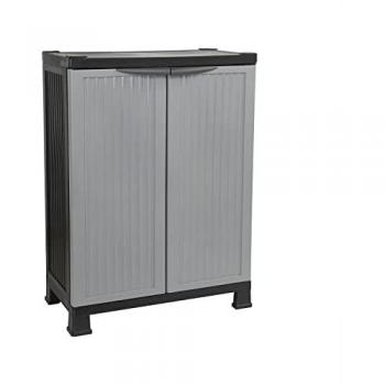 Armario de Resina Bajo Almacenaje para Exterior e Interior, Jardín y Terraza, 1 Balda, 2 Puertas, Carga Máxima 30kg, Dimensiones 39x68x92cm, Color Gris