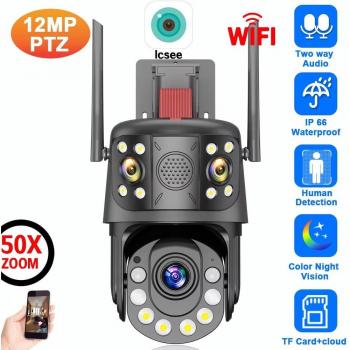 Cámara de Vigilancia PTZ Wifi 4K 12MP para Exteriores con Tres Lentes, Zoom Óptico 50X, Inalámbrica, Visión Nocturna a Color, Cámara IP ICSEE