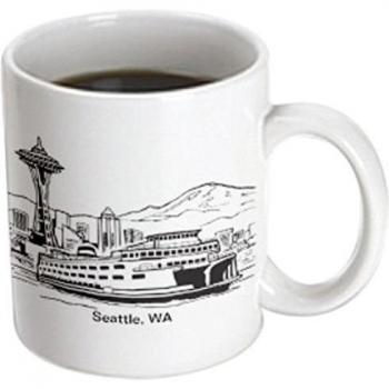 Mensuk Seattle, WA Ferry and Space Needle - Two Tone Black Mug, 11oz