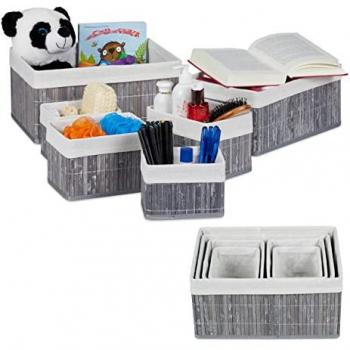 Set de 12 cestas de almacenaje de bambú con funda de tela, organizador cuadrado y rectangular, color gris