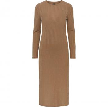 Vestido Midi de Punto Marrón para Mujer Pieces Kylie con Manga Larga y Cuello Redondo