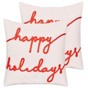 Conjunto de 2 cojines decorativos de terciopelo blanco y rojo con motivo navideño, 45 x 45 cm, funda de algodón extraíble
