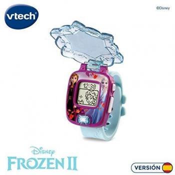 VTech - Frozen II, Reloj mágico educativo Anna & Elsa, reloj multifunción con diferentes juegos, tapa protectora y pantalla con animaciones de los personajes Elsa, Anna y Olaf, color azul