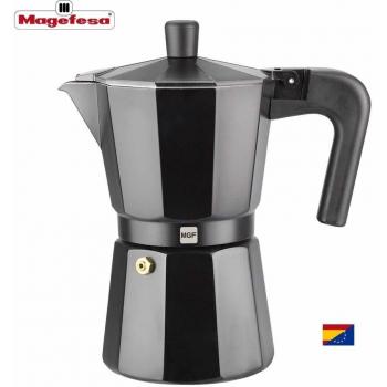 Cafetera MAGEFESA KENIA NOIR - Fabricada en aluminio esmaltado de color negro, compatible con cocinas de gas vitroceramica y eléctricas, NO APTA PARA INDUCCIÓN – Tamaño