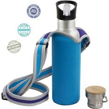 20 oz botella de agua de acero inoxidable Eco-friendly con bambú taza, un vasito y libre funda de neopreno - tecnología de doble pared de aislamiento al vacío. BPA óxido pintura de fugas de sudor libre.