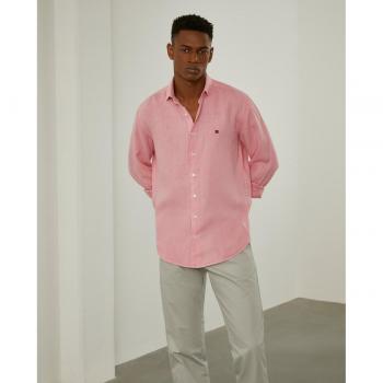 Camisa de lino de hombre con corte slim lisa en rosa - Lion of Porches