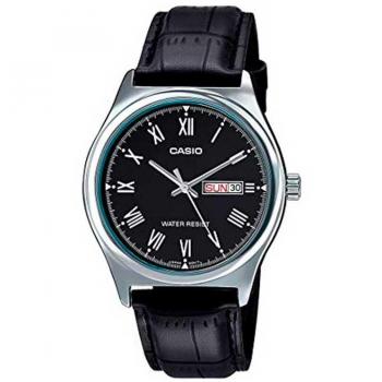 Casio MTP-V006L-1B Analog Watch with Black Leather Strap and Silver Dial