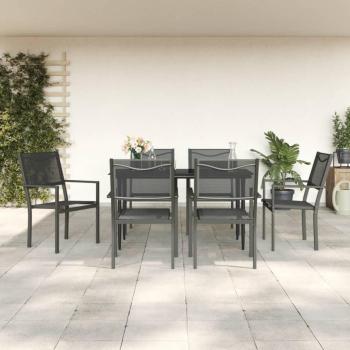 7 Piece Black Steel and Textilene Garden Dining Set