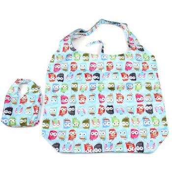Plegable bolsa de la compra en azul claro con diseño de búhos con adicional Pequeño Bolsillo Zufall