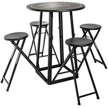 Mesa alta plegable con 4 taburetes - D 77,5 cm x H 102 cm - Metal - Negro - Diseño contemporáneo