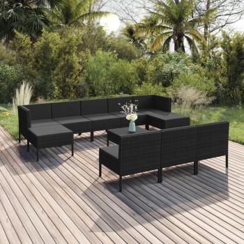 11-Piece Black Poly Rattan Garden Lounge Set with Cushions