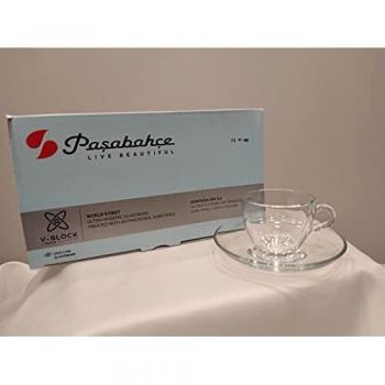 Juego de 6 tazas de café con plato de vidrio V-Block Pasabahce modelo básico 85 ml