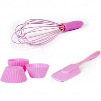 PINFI 81803 - Pack de batidor, espátula, 4 moldes para magdalenas y 6 recortables, silicona, color rosa