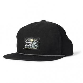 Salty Crew Gorra Jackpot 5 Panel Negra con diseño de cinco paneles, ajuste trasero tipo snapback, logo bordado en la parte frontal y material ligero y transpirable