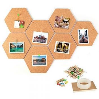 IZSUZEE Corcho Pared Autoadhesivo,Pizarra Corcho Hexagonal 7pcs,Tablero Madera con 40 Chinchetas,1×Pegamento, 1xBloc de Notas A6,Utilizado Para la Decoración de la Pared de la Oficina del Dormitorio